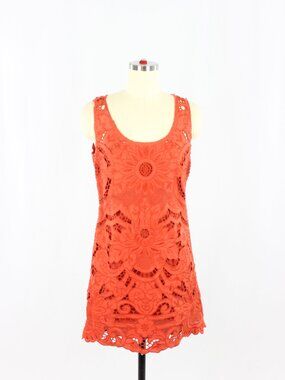 VIVIENNE TAM Dark Orange Red Linen Cotton Venetian Lace Mini Shift Dress, Size 0